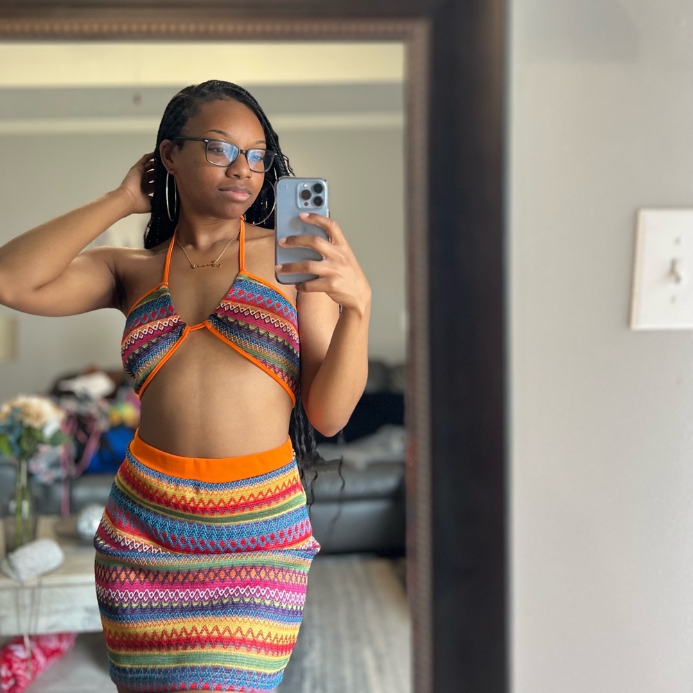 Rainbow Striped Knit Tie Backless Crop Halter Top & Skirt, US Size M, 6